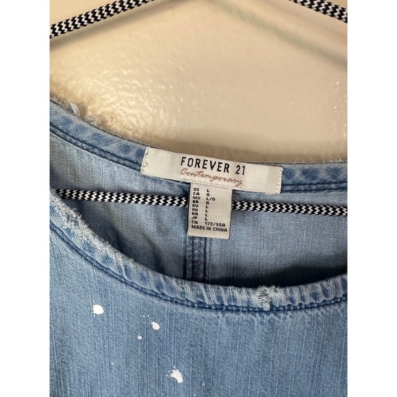Forever 21 Denim Dress Tunic Top Raw Hem Short Sleeve Casual Blue Size L - Picture 2 of 4
